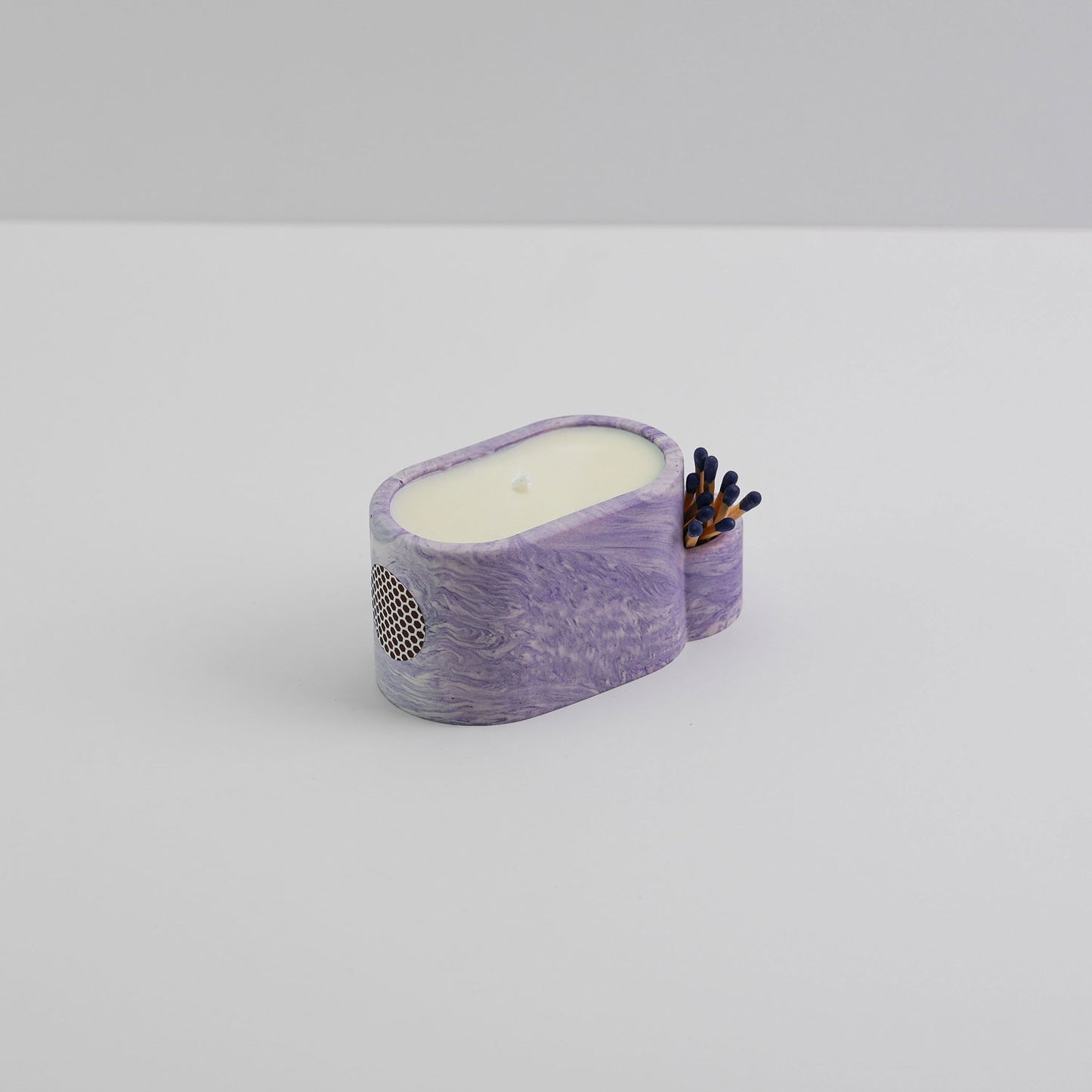 Jesmonite candle pot with match holder in purple