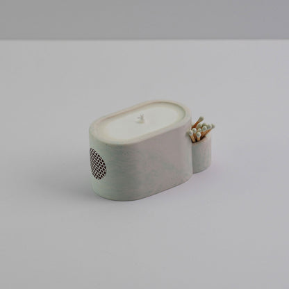 Jesmonite candle pot with match holder in white